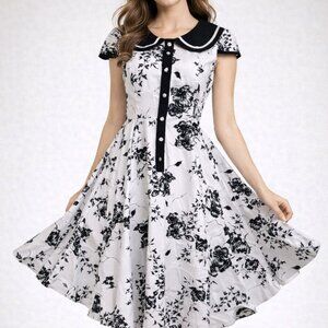 NWT H&R London Vintage Style Fit Flare Dress Sz 10 Black White Floral